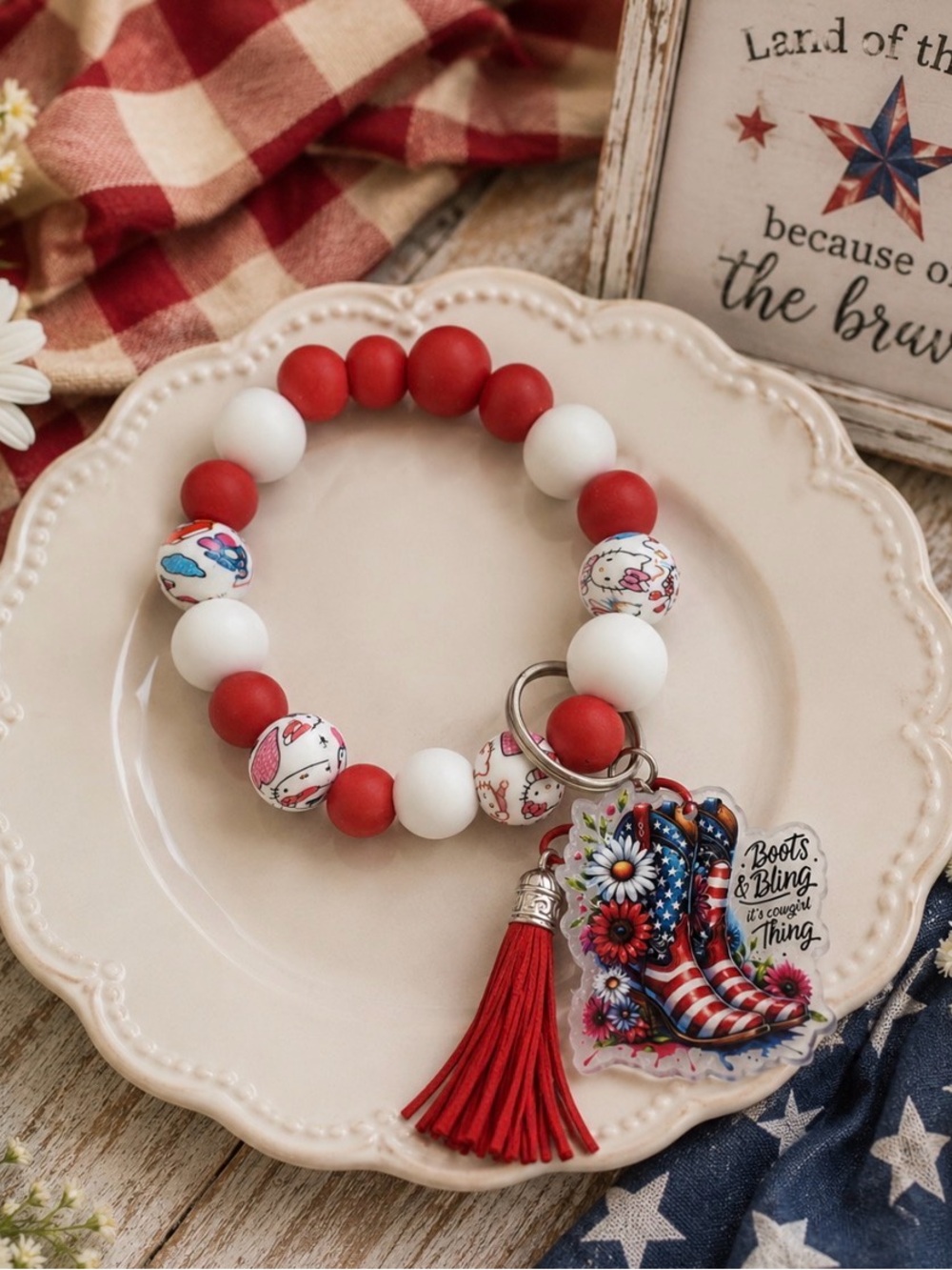 Red and White Beaded wristlet keychain with Tassel & cowboy boots